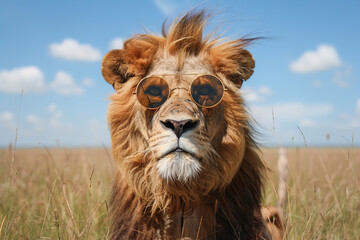 Lion with Gold-Rimmed Aviators in the Grasslands