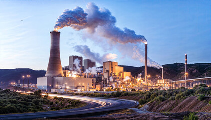 An industrial power plant at dusk with smoke coming out of its cooling towers.