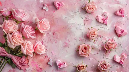 Pink roses, a bow, and paper hearts decorate this Valentine's Day background