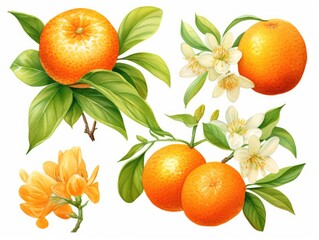 Watercolor Mandarin Isolated, Aquarelle Tangerine Fruit, Creative Watercolor Orange on White