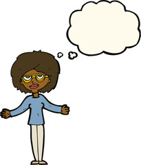cartoon woman wearing spectacles with thought bubble