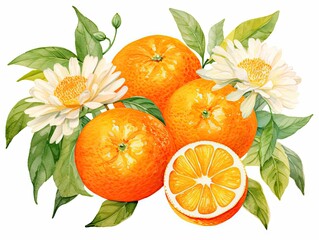 Watercolor Mandarin Isolated, Aquarelle Tangerine Fruit, Creative Watercolor Orange on White