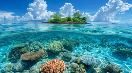 Fototapeten View of a tropical island and coral reef from a split perspective with waterline © Zaleman