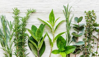 mix of herbs green branches leaves mint eucalyptus rosemary aloe vera and plants collection on white background set of medicinal herbs flat lay top view
