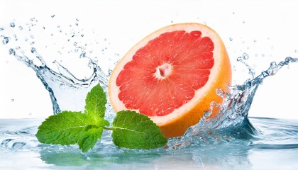water splash on grapefruit with mint isolated on white