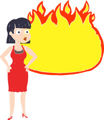 flat color illustration of a cartoon woman in dress with hands on hips and flame banner