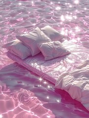 A surreal depiction of a mattress with pillows floating on a radiant pink water surface, inviting a dreamy and ethereal escape
