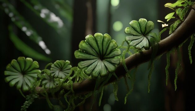 tropical rainforest dragon scale fern pyrrosia piloselloides epiphytic creeping plant with round fleshy green leaves growing on jungle liana vine plant