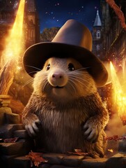A curious otter wizard wearing a hat stands near magical flames in a mystical setting, evoking a sense of wonder.