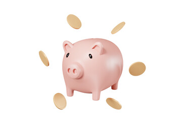3D illustration of saving or earning money with piggy bank icon with flying coins isolated on transparent background for business, finance, banking, success, investment