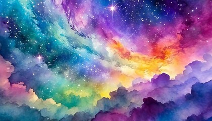 A dreamy background resembling a watercolor painting of a galaxy sky, with swirling clouds