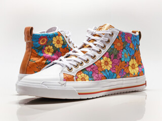Sneakers with floral ornament on a white background - obrazy, fototapety, plakaty