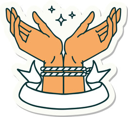 tattoo sticker with banner of a pair of tied hands