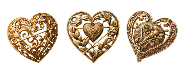 3 Old fashioned love brooch made of gold with intricate design isolate on transparent background - obrazy, fototapety, plakaty