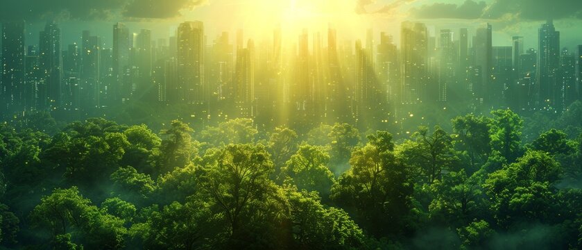 Sunny day in the big city in the green city of the future harmony between city and nature