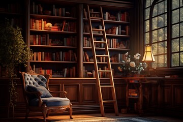 Home library interior design with a lot of bookshelves in classic style. Vintage reading room. Brown wooden bookcase filled with old books