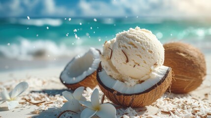 Fototapeta na wymiar Delicious coconut ice cream in coco shell on tropical beach with white flowers on sunny day. Sweet background