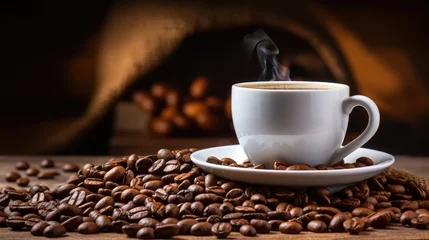 Keuken spatwand met foto Coffee cup on table top with coffee beans © GechAI