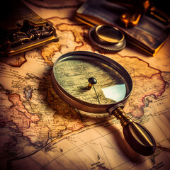 Fototapeta na wymiar Vintage map with a magnifying glass.