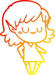 warm gradient line drawing happy cartoon elf girl wearing dress