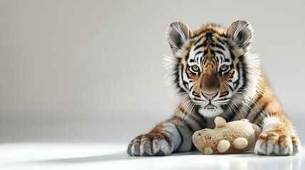 whiskered cuddles: a tiger cub's tender moment with its plush pal - obrazy, fototapety, plakaty