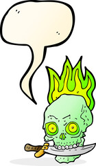 cartoon pirate skull with knife in teeth with speech bubble