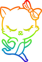 rainbow gradient line drawing cute cartoon cat with bow running
