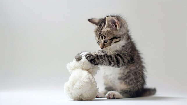 whisker cuddles: a tabby kitten's tender moments with its plush friend
