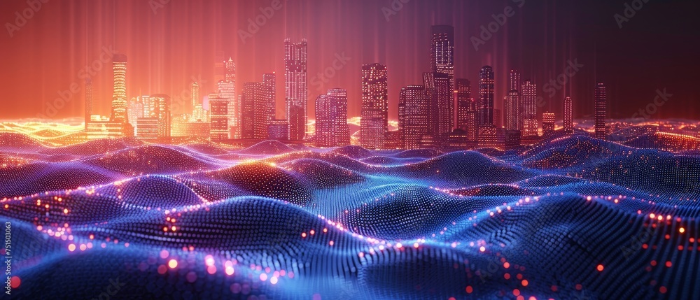 Fototapete the concept of the smart city, abstract dots, gradient line, and intricate wave line design is empha