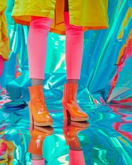 Eye-catching image highlighting shining rubber boots in a reflective colorful environment