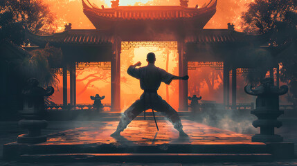 Illustration of a calm kung-fu master in a tranquil temple setting


