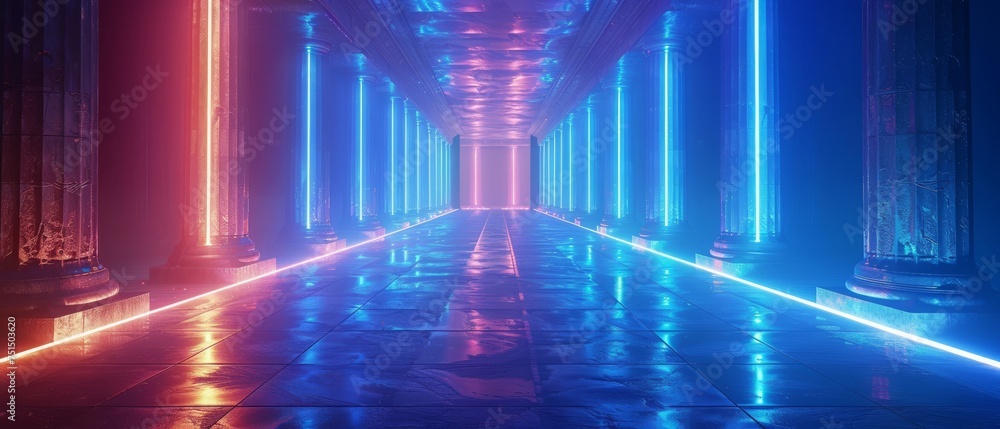 Poster Cyberpunk Neon Blue and White Glowing Light Strips with 3D Futuristic Sci-Fi Empty Space Pathways