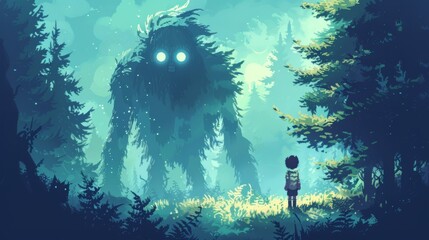 Fantasy illustration of little girl in the forest with monster - obrazy, fototapety, plakaty