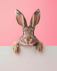 Funny Hare peeking out from white board. Contemporary colourful background. Copy space. Easter minimalism. For posters, planners, web, landing page, illustration. AI image.