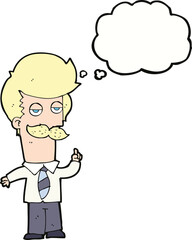 cartoon mna with mustache explaining with thought bubble