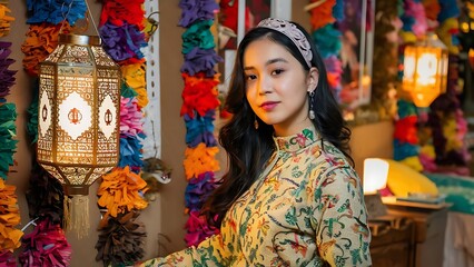 portrait of a girl in a headscarf against the backdrop of an oriental bazaar with a lantern 