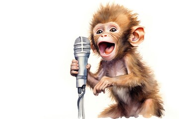 cartoon watercolor monkey with microphone on white background - obrazy, fototapety, plakaty