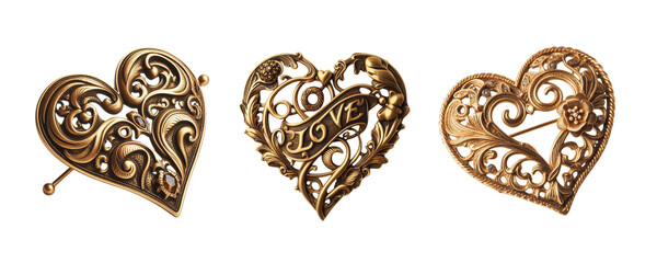 3 Old fashioned love brooch made of gold with intricate design isolate on transparent background