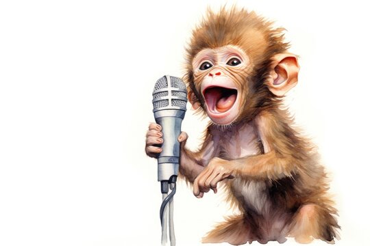 cartoon watercolor monkey with microphone on white background