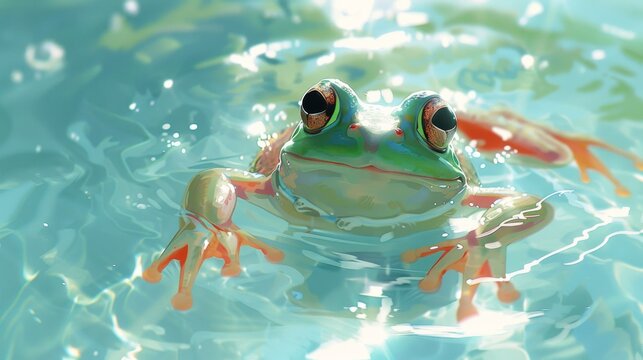 Funny frog swimming in the pool. Digital painting.
