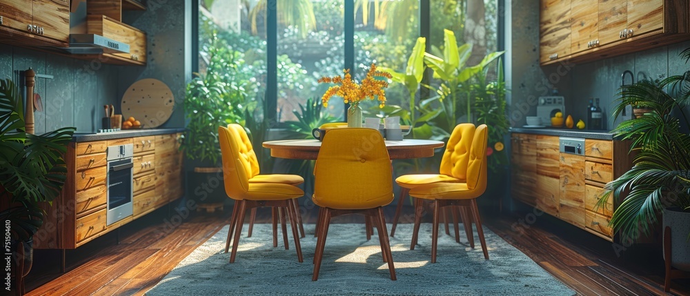 Poster in this 3d rendering, the kitchen is designed in a minimalist style with a round dining table and ye