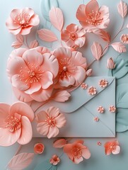 Soft pastel paper flowers delicately adorn and burst from a light blue envelope, giving a sense of gentle communication