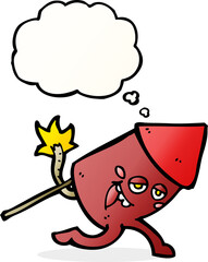 cartoon funny firework character with thought bubble
