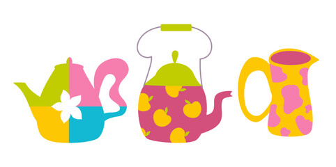 Colourful handdrawn eclectic teapots.