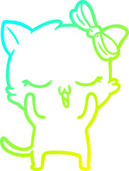 cold gradient line drawing cartoon cat with bow on head
