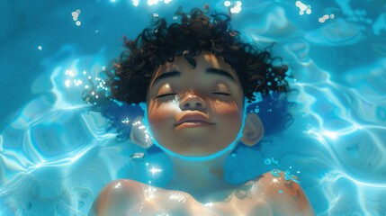 Black boy swimming in a pool with splashes of water. - obrazy, fototapety, plakaty