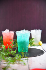 All slush flavours mint lemon , blueberry, cherry slush