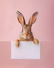 A funny happy hare holds white blank sheet of paper. (For your greetings or advertising). Happy Easter animal. 