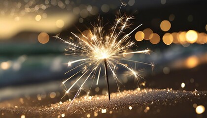 sylvester new year vacation holiday new year s eve 2024 party event celebration holiday greeting card closeup of sparkling sparkler stuck in sand on beach with ocean in teh background - obrazy, fototapety, plakaty