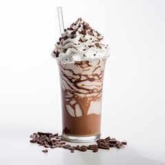 Chocolate milkshake topped with cream and chocolate chips on white background